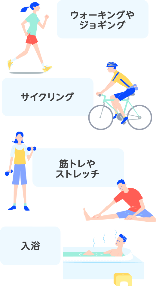 イラスト：ウォーキング、ジョギング、サイクリング、筋トレやストレッチ、入浴をする人々