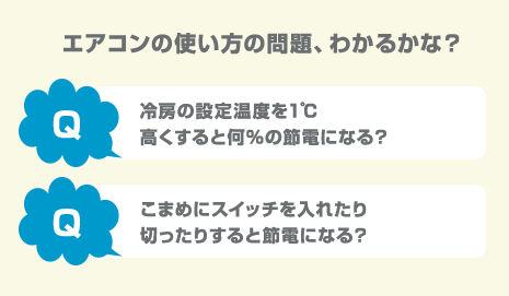 エアコンの使い方の問題、わかるかな？冷房の設定温度を1℃高くすると何％の節電になる？こまめにスイッチを入れたり切ったりすると節電になる？