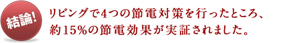 結論!リビングで4つの節電対策を行ったところ、約15%の節電効果が実証されました。