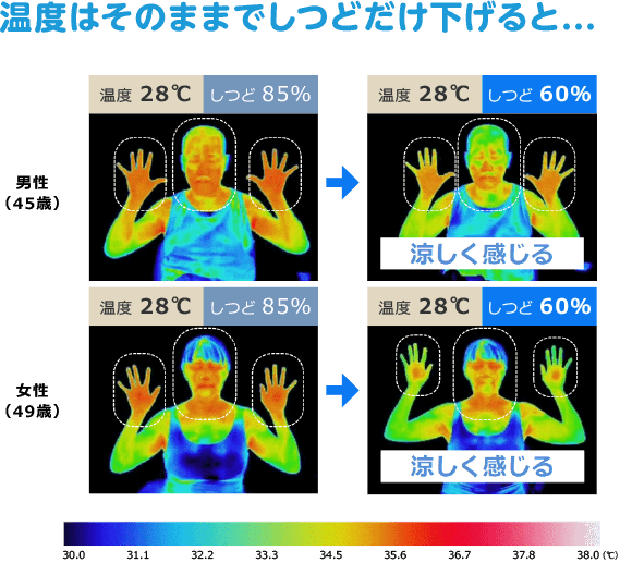 サーモグラフィー比較「温度はそのままでしつどだけを下げると…」：温度28℃のまま湿度85%→60%に下げたとき涼しく感じるという結果が出ている（男性45歳・女性49歳で検証）。