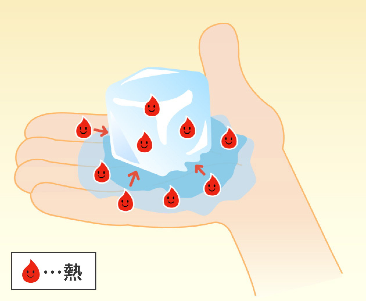 熱がたくさんある手のひらから熱が少ない氷へと、熱が移動する